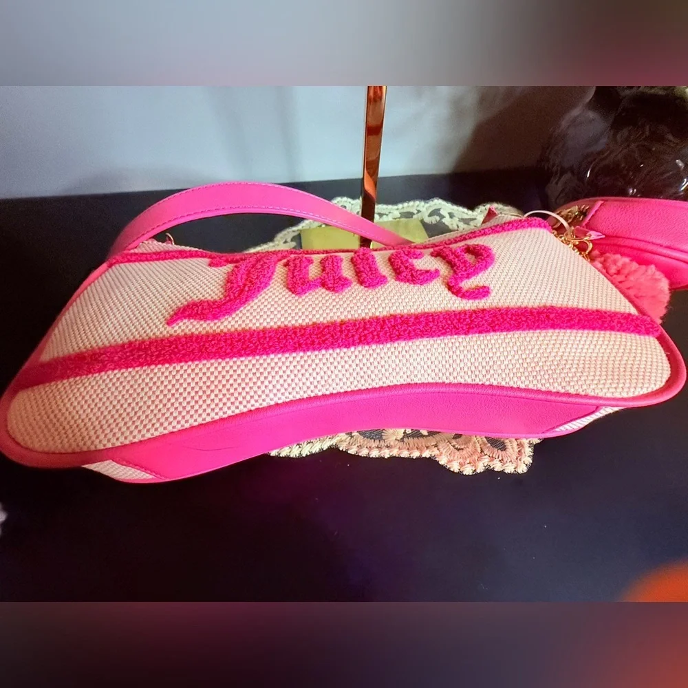 Juicy Couture Pink Chenille Logo Baguette Shoulder Bag w Coin Pouch NWT